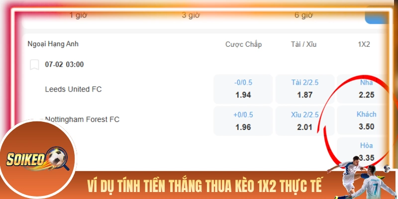 Ví dụ tính tiền thắng thua kèo 1x2 trong thực tế